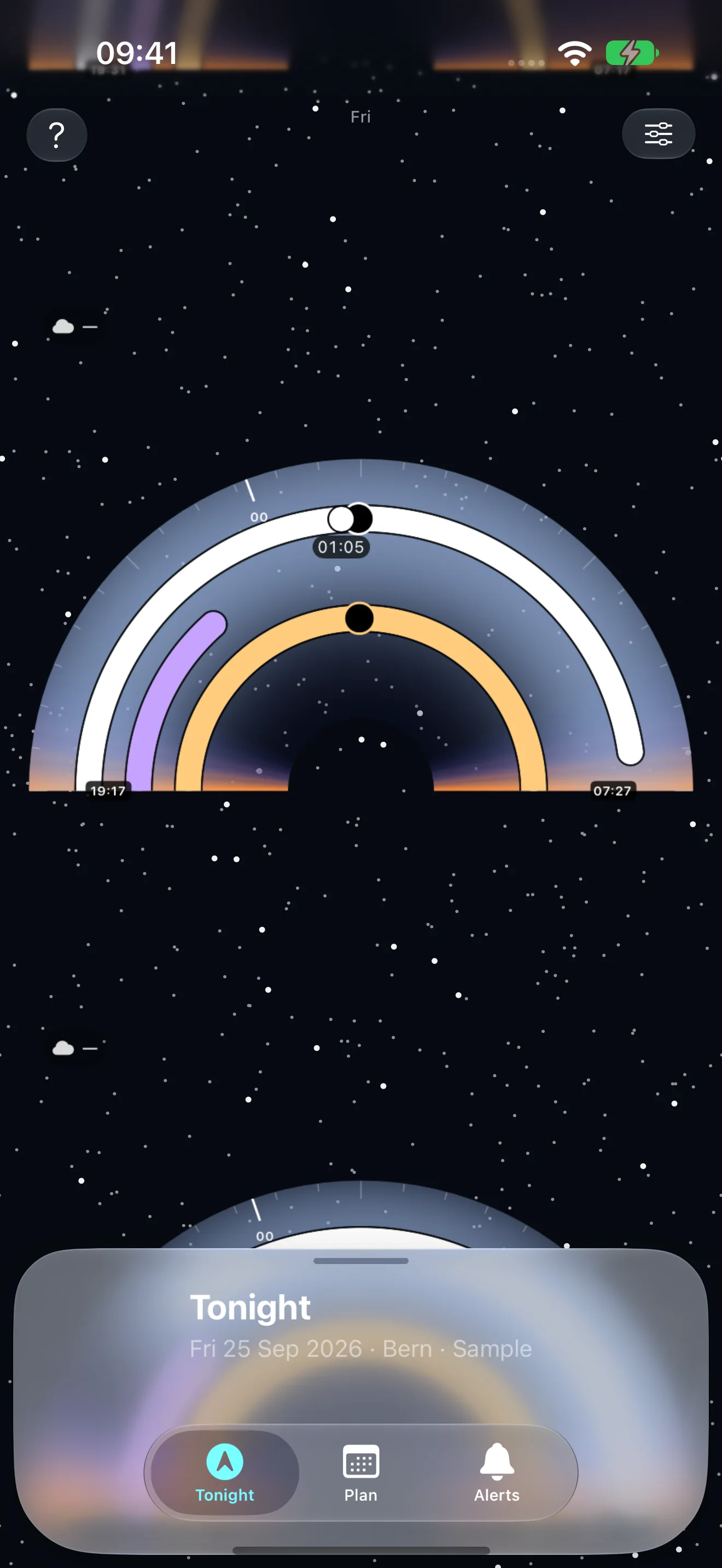 AstroGauge half-circle night rings with an open centre and sunset-to-sunrise times