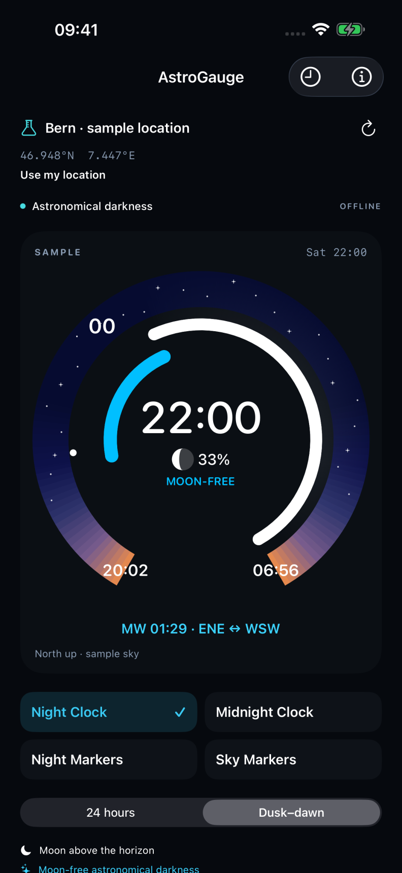 AstroGauge Night Clock on iPhone, showing a sample night in Bern with moonlight, moon-free darkness and the Milky Way’s midpoint directions