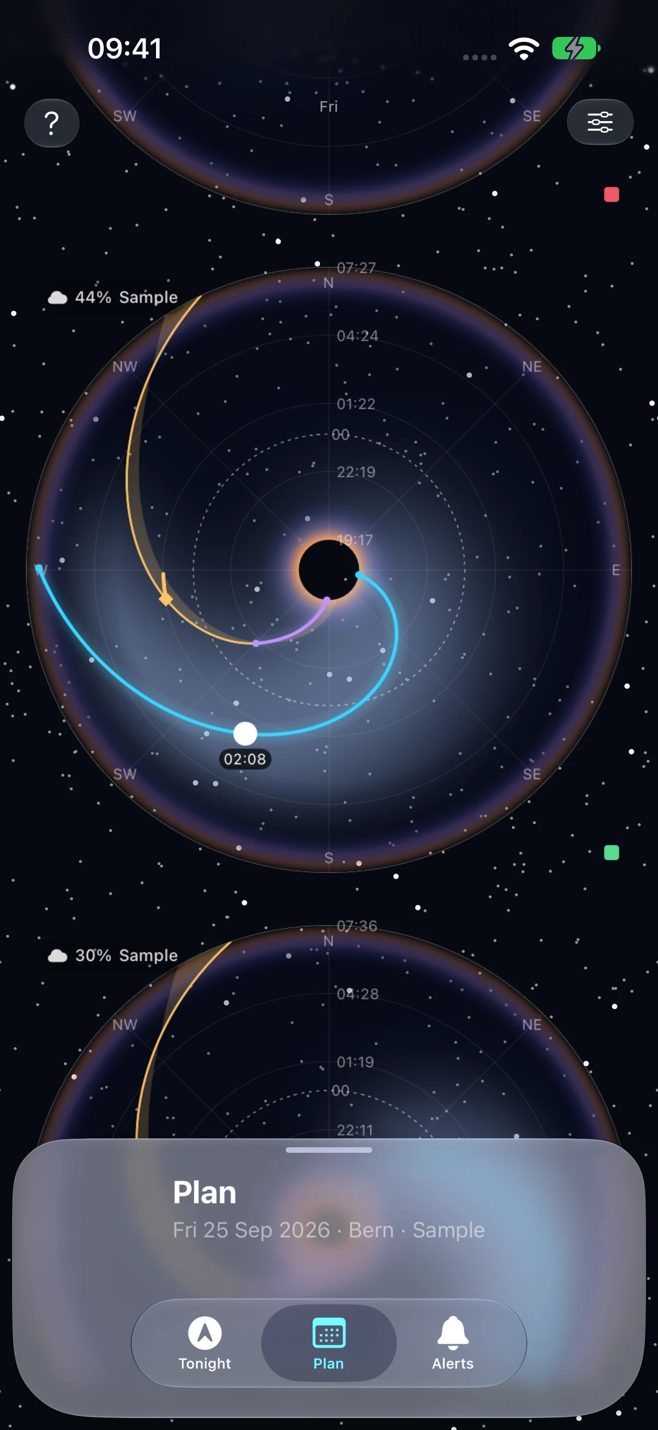 AstroGauge Plan sky graph above the compact date and location summary