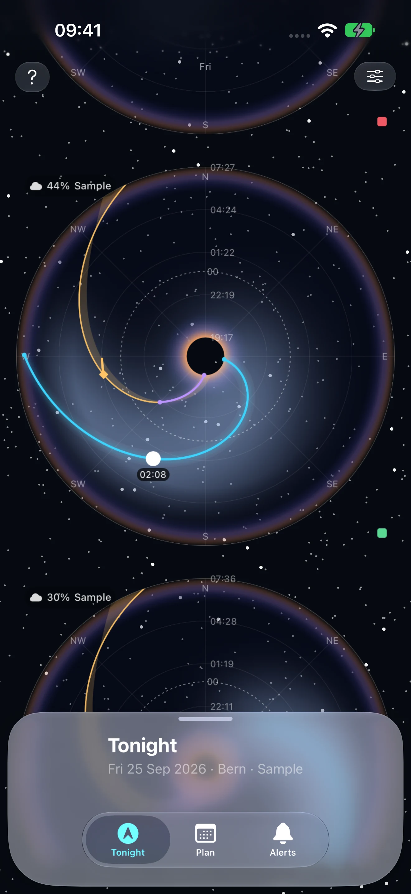AstroGauge Sky Canvas on iPhone, showing the Moon and Milky Way paths for a sample night in Bern