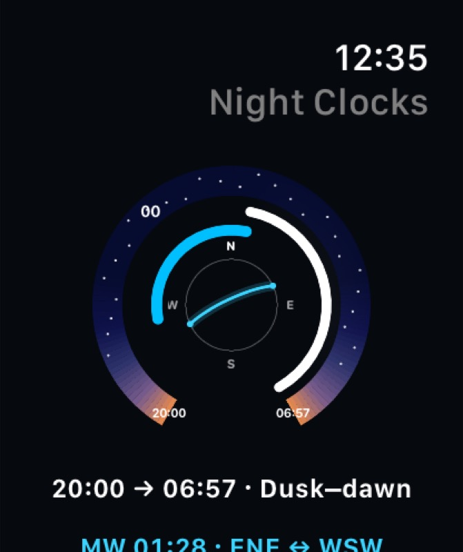AstroGauge Watch app with a dusk-to-dawn time ring surrounding the Milky Way compass map