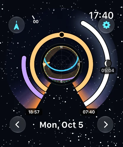 AstroGauge Watch Sky Canvas with compass control and plain tappable date beneath the graph