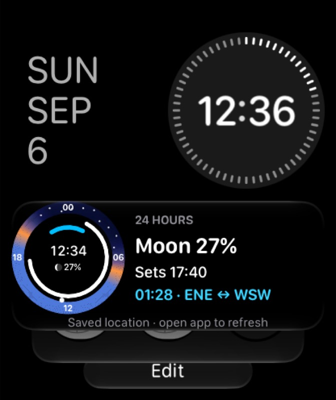 AstroGauge rectangular Smart Stack widget with a night dial, Moon phase and Milky Way midpoint directions
