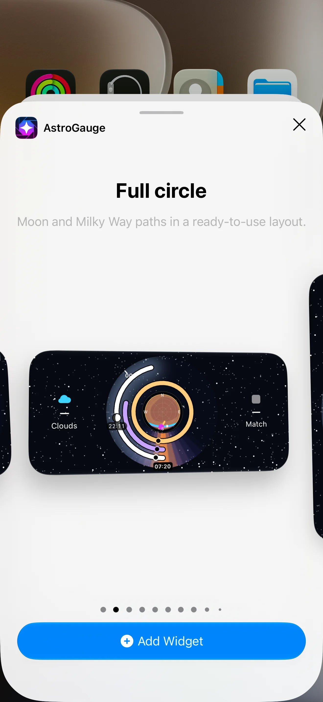 AstroGauge full-circle widget in the system gallery with cloud and conditions-match details beside the sky graph